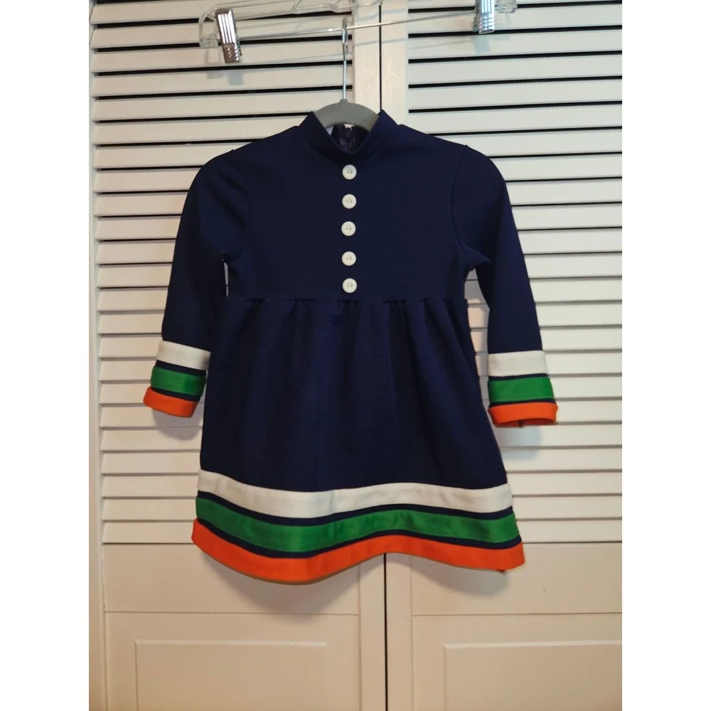 Vintage Carol Evans Penneys Navy Blue Mod Striped Long Sleeve Dress Size 4